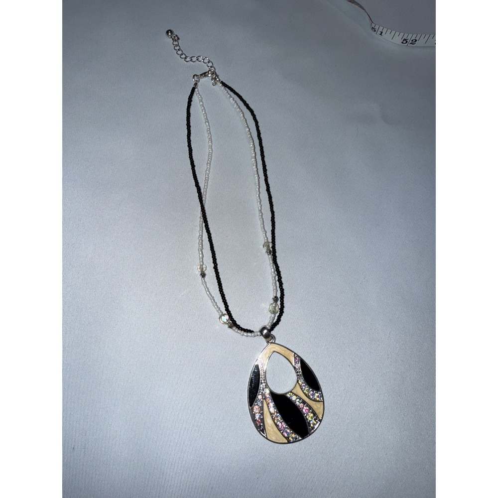 Vintage Style Black Cream Enamel Rhinestone Teardrop Pendant Beaded Necklace